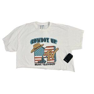 MTV Junk Food Graphic Cowboy Up Shirt Women Large Western Cowgirl Rodeo Crop NEW